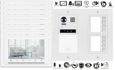 8x DT17 Video Türsprechanlage WEISS 7“ TFT FARBE LCD 800x480 Pixel Touchsensor, 12x Melodie 2 DRAHT+8-MFH DT821 RFID 2MP Fischaugen Weitwinkel Farbkamera Nachtsicht Unterputz Edelstahl